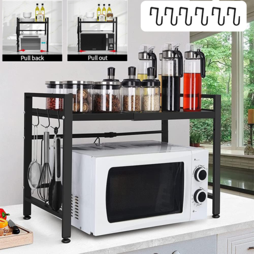 2 Tier Iron Microwave Oven Rack Stand Storage Holder Kitchen Corner Shelf Black